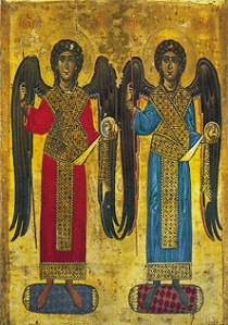 Erkeenglene Mikael og Gabriel med mørke vinger. Middelaldermaleri fra Katarinaklosteret på fjellet Sinai. Kilde: Wikimedia Commons